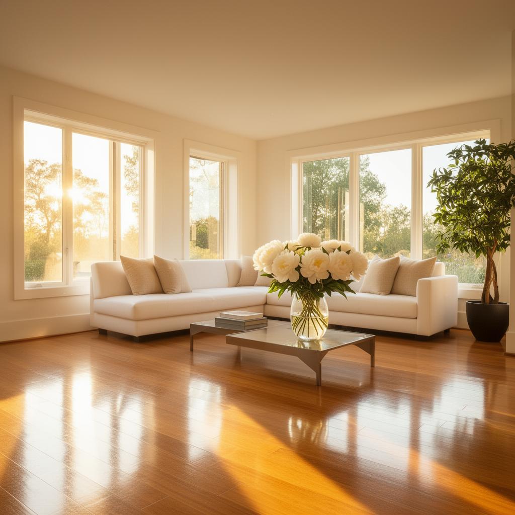 Calm sunlit living room after professional cleaning